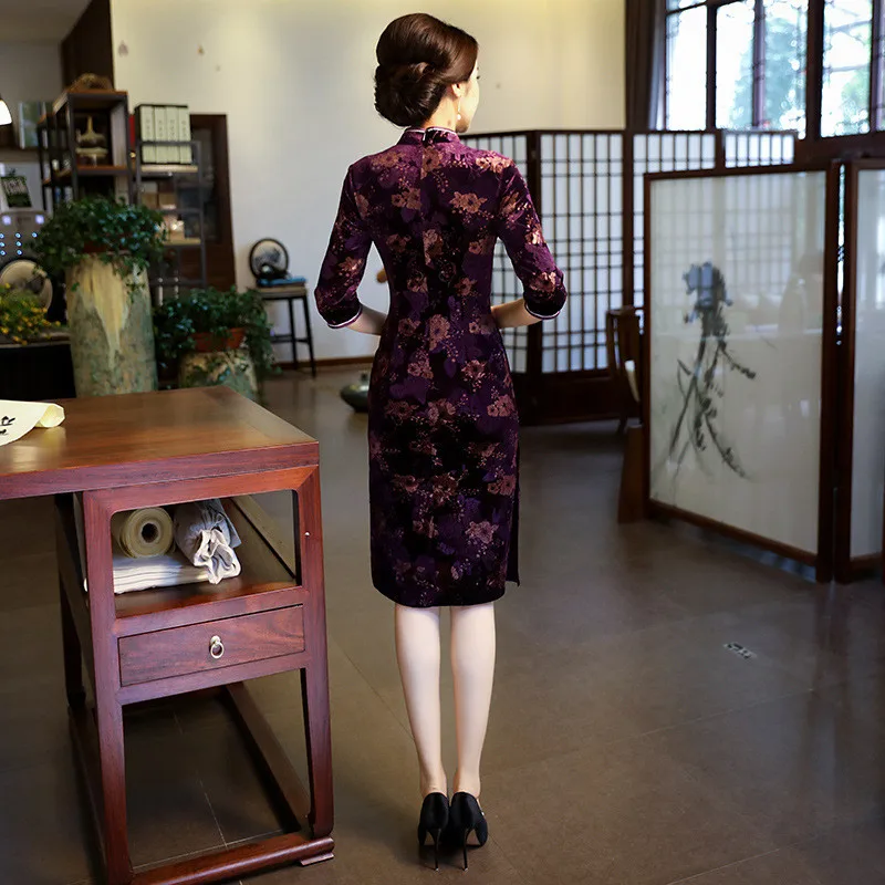 Cheongsam велюровое платье Ципао с принтом винтажные модные улучшенные Осенние Длинные платья Вечерние платья для мам и свадеб