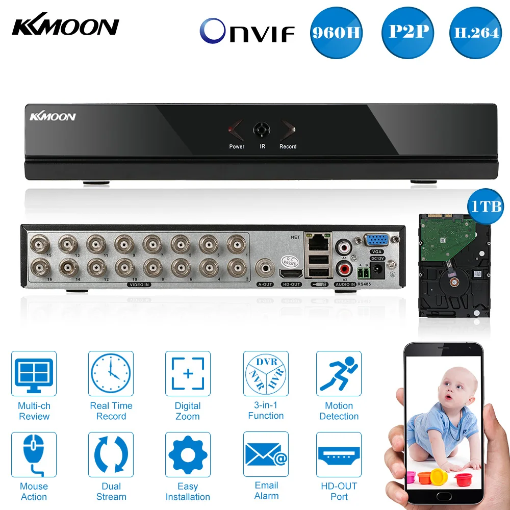 

KKmoon 16CH Full 960H/D1 DVR HVR NVR + 1TB Seagate HDD HDMI P2P Onvif 16CH Recorder PnP APP Control CCTV Security Camera System