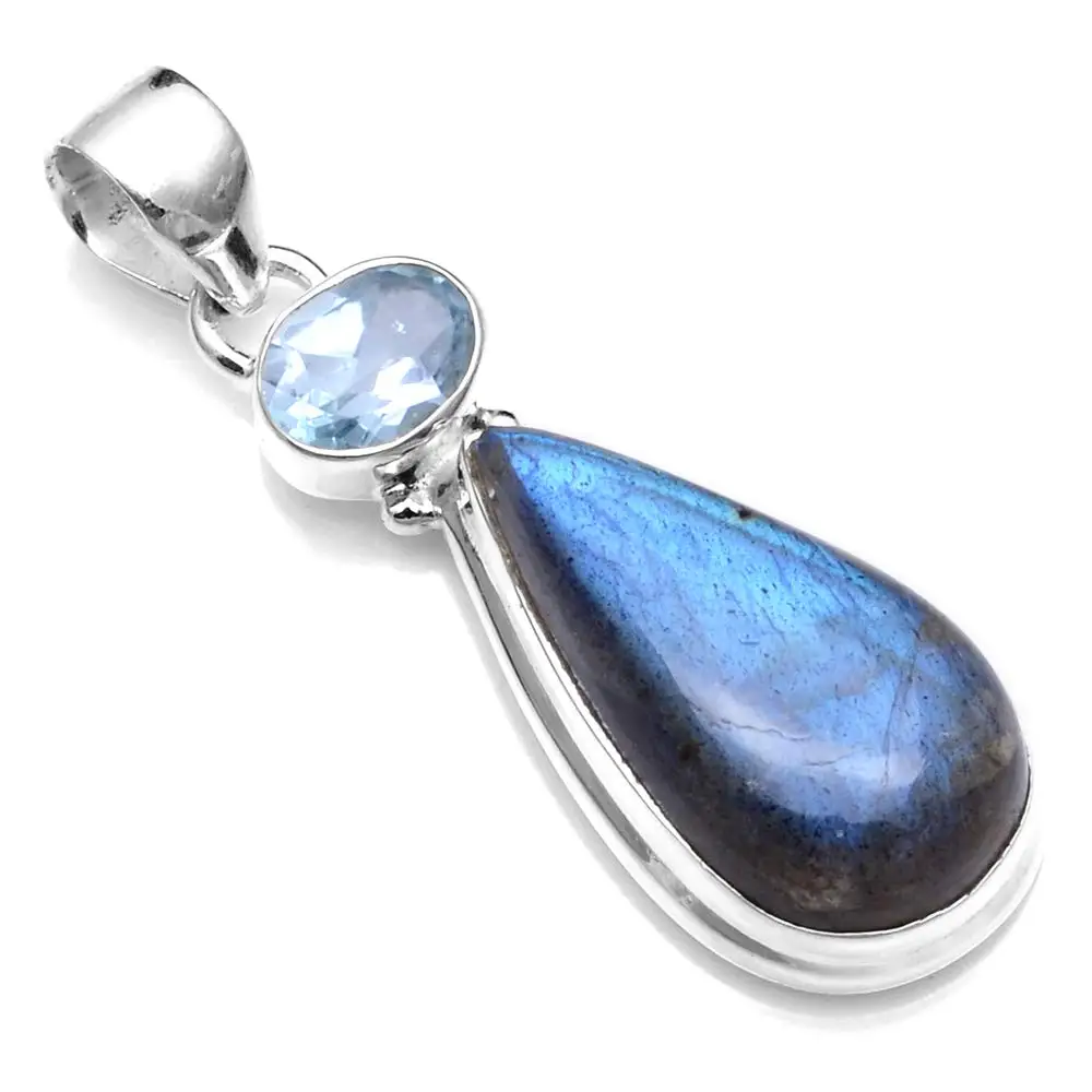 

Genuine Labradorite + Blue Topaz Pendant 925 Sterling Silver, 42.5 mm, 2SP0400