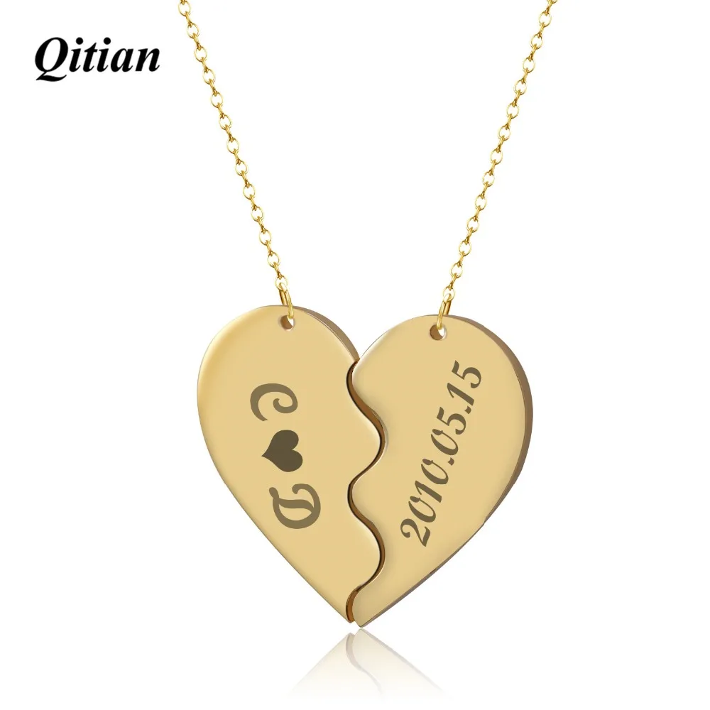 

Personalized Engrave Heart Pendant Necklaces Women Gold Color Stainless Steel Custom Jewelry Two Necklaces For Best Friends Gift