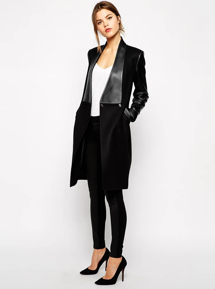 Зимнее женское пальто черное из искусственной кожи с карманами|female coat|brand coatcoat brand