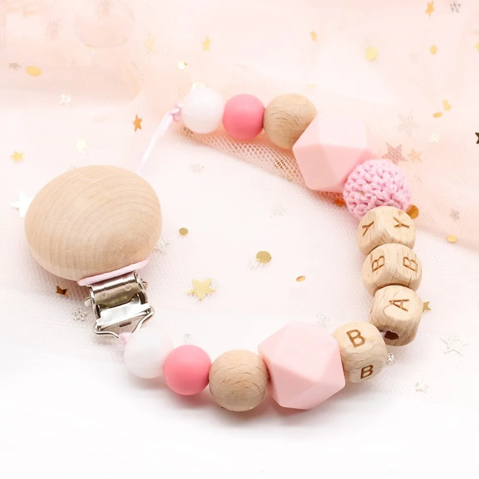 Dummy clip pacifier chain holder wood silicone bpa free baby newborn gift custom personalized name personalised beads beech