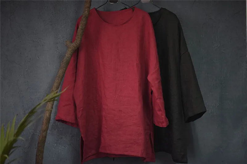 SCUWLINEN Весна Осень Женские топы винтажный Однотонный пуловер с длинным рукавом размера плюс свободная льняная футболка повседневные топы Zen P002