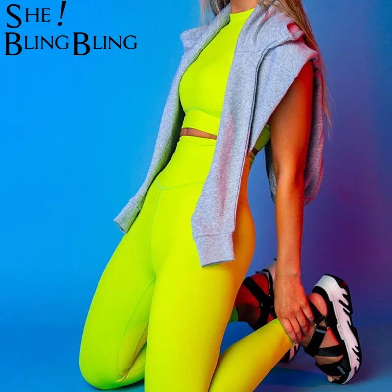 SheBlingBling одежда для тренажерного зала, фитнеса, тренировок, комплект из 2 предметов, без рукавов, облегающие Короткие топы на бретелях, эластичные штаны с высокой талией, женские комплекты
