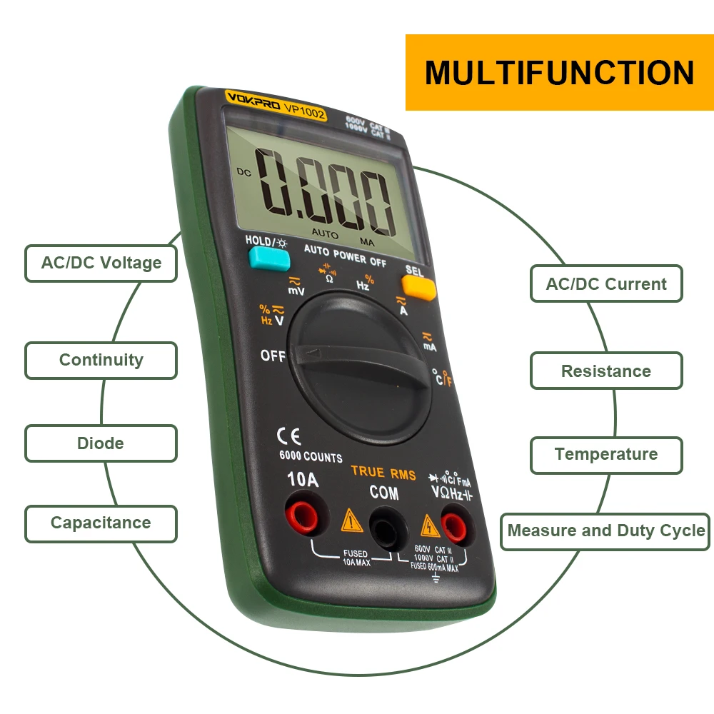 VP1002 мультиметр Цифровой 6000 отсчетов температурный тест er Электрический измеритель индуктивности Тестовые провода для мультиметр диоды для авто