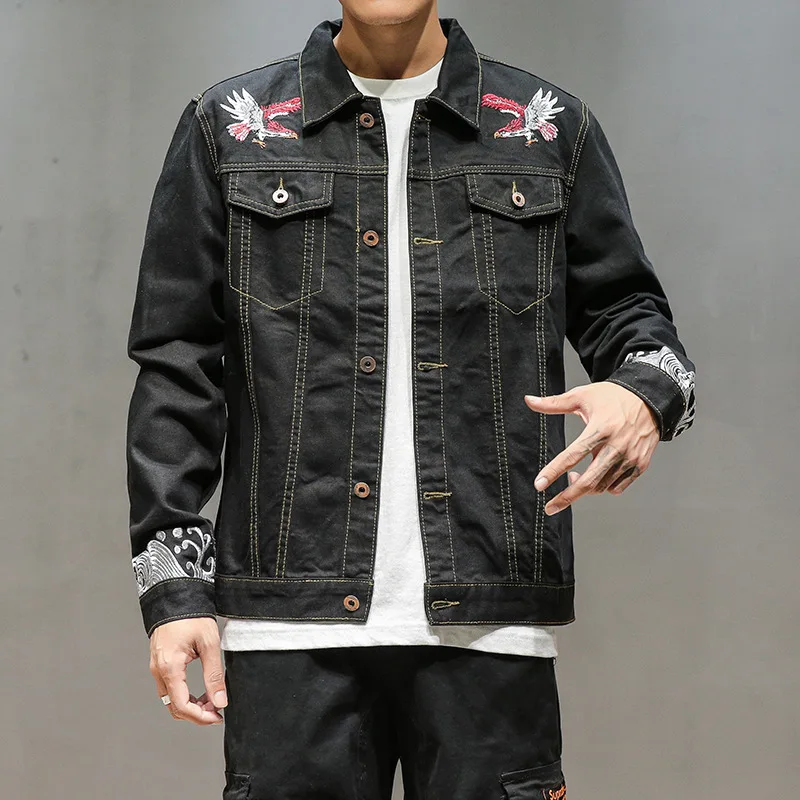 

Mens Hipster Washed Denim Jacket Crane Embroidery Crane Japanese Harajuku Jean Coat