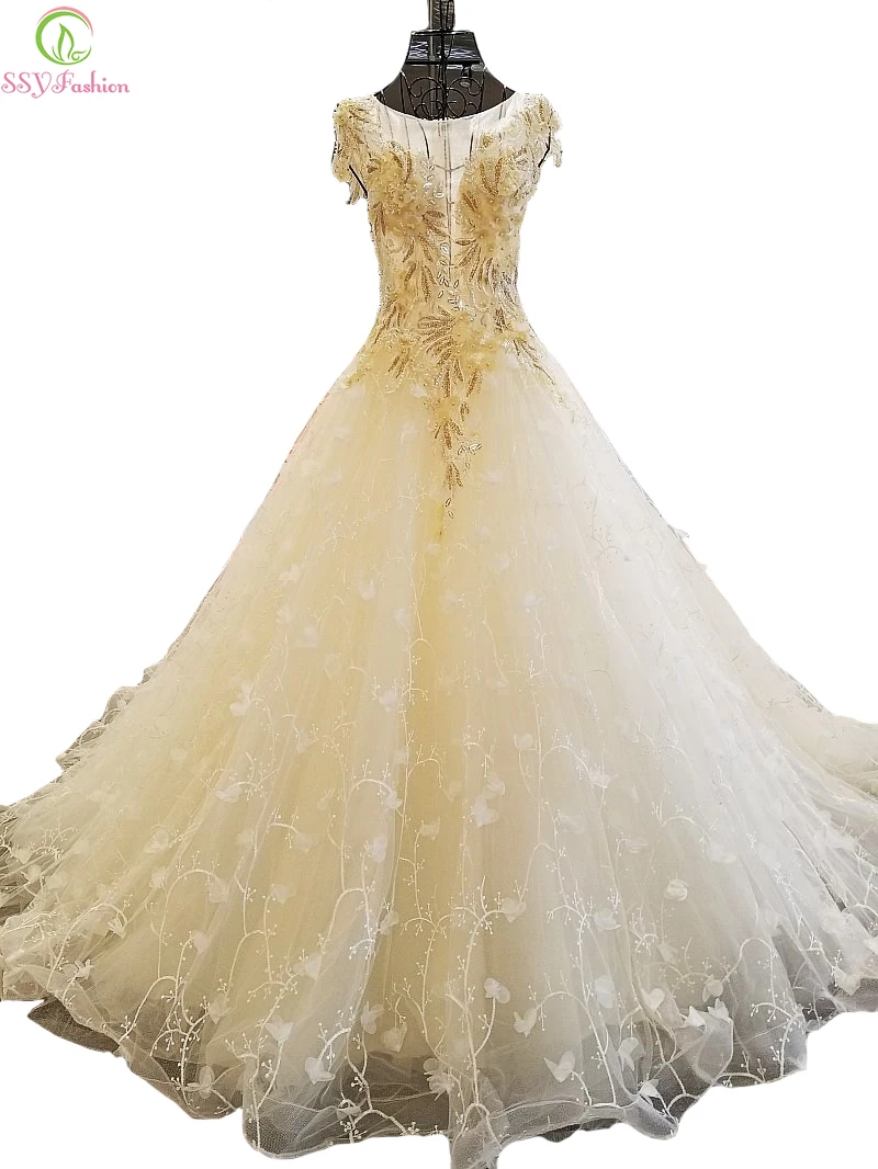 SSYFashion New Luxury Evening Dress High end Banquet Champagne Handmade Lace Flower Beading