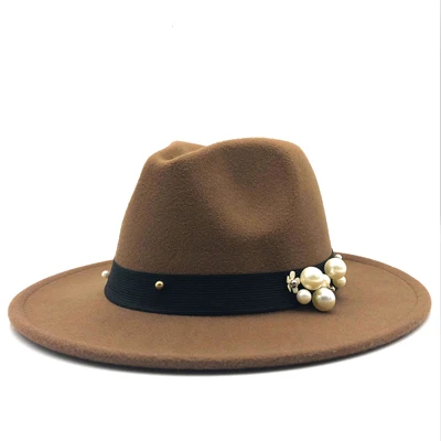 Шерстяная шляпа Fedora Хокинс фетровая шляпка широкими полями дамы Chapeu Feminino шляпа Для женщин жемчуг Джаз церкви Крестный отец шляпы сомбреро - Цвет: Light coffee