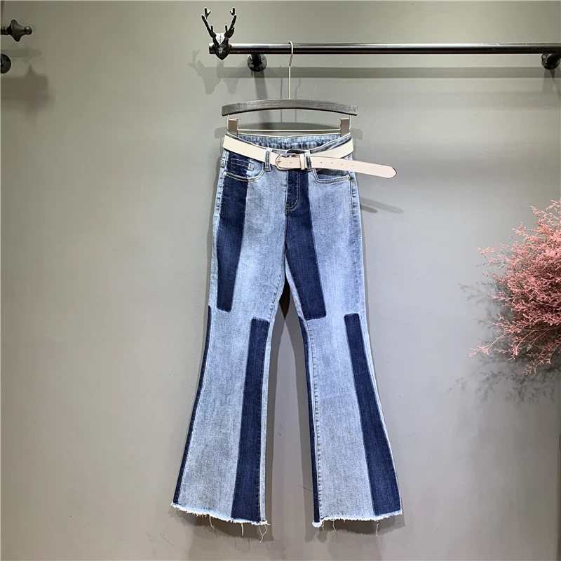 

2019 early autumn new high waist jeans contrast color wash hair edge denim wide leg thin section stitching flared pants