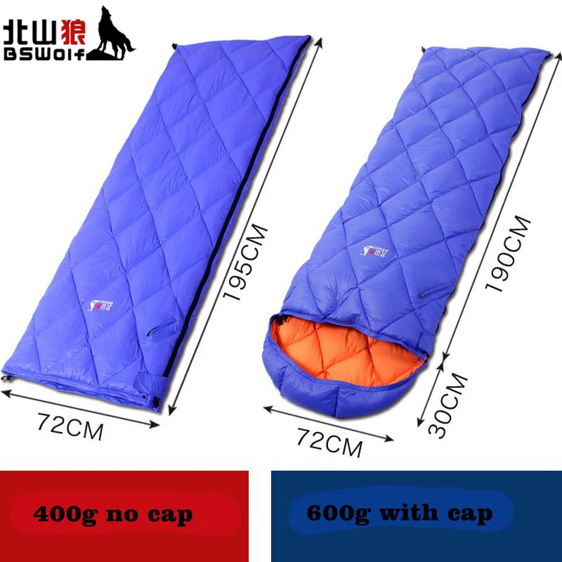 

BSwolf super light duck down sleeping bag envelope pattern with & without cap have 2colors for choose adult outdoor camping use