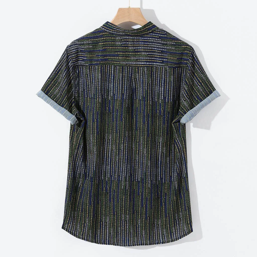 Womail حار أزياء الصيف رجالي العرقية المطبوعة موقف طوق الملونة شريطية قصيرة الأكمام فضفاضة هينلي قميص 2019 الوافدين الجدد