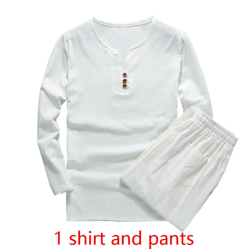 MFERLIER Демисезонный рубашка мужская 5XL 6XL 7XL 8XL 9XL 10XL Большие размеры Хлопок Лен Длинные рукава бюст 155 см Большие размеры мужские рубашки - Цвет: White(with pants)