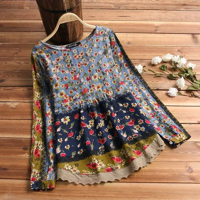 FREE SHIPPING Women Vintage Cotton Linen Top Spring Floral Printed Blouse Long Sleeve Shirt Casual Tunic Lace Patchwork Blusa JKP2754