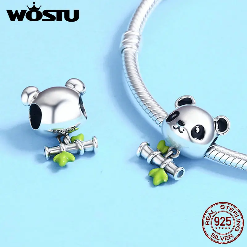 WOSTU Настоящее 925 пробы серебро милая панда &amp бусины &quotБамбук&quot очарование