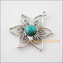 2 шт. Ретро, тибетский серебряный камень цветок Подвески соединители 37,5x47 мм