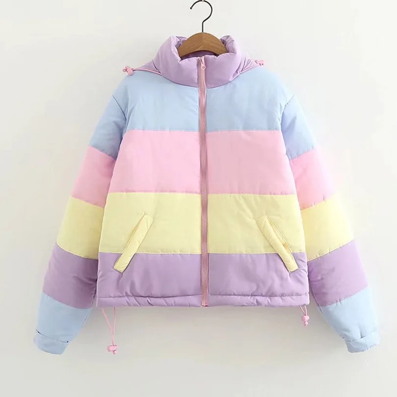 

Harajuku Rainbow Stripe Splicing Macaron Fluffy Parka Coats Winter Parkas Mujer Padded Warm Jacket Femme Clothing