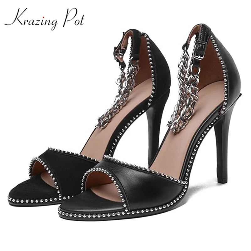 

Krazing Pot new streetwear genuine leather kid suede sandals women beading rivets decoration stiletto super high heels shoes L07