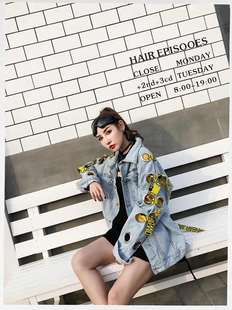 ZURICHOUSE Punk Denim Jacket Women Personality Hollow Out Metal Ring Bandage Oversized Ladies Jeans Jackets Coas