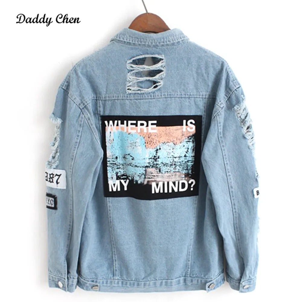 

Fashion Ripped Denim jacket for women print Where is my mind Korea retro embroidery letter patch bomber jacket Blue Coat Female