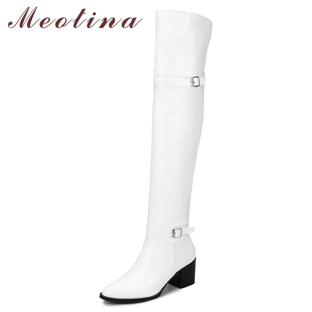 

Meotina Women Thigh High Boots Winter Buckle Thick High Heels Over the Knee Boots Pointed Toe Long Shoes Ladies Plus Size 33-46