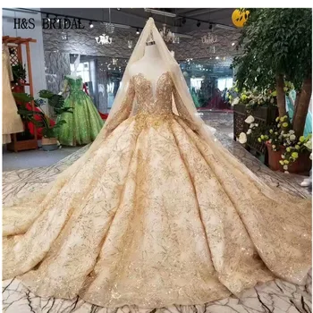شراءH & S الزفاف الذهب الكرة ثوب الزفاف طويلة الأكمام يزين فساتين الزفاف مع الحجاب Vestido دي Novia