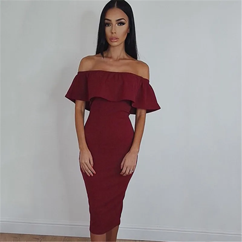 

Women Off the Shoulder Slash neck Ruffled Collar Bodycon Package Hip Party Club Sexy Dress