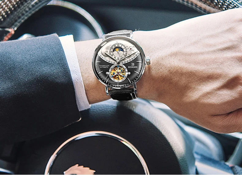 Мужские механические часы BINGER Switzerland, полностью стальные автоматические кожаные часы, мужские часы, Новинка