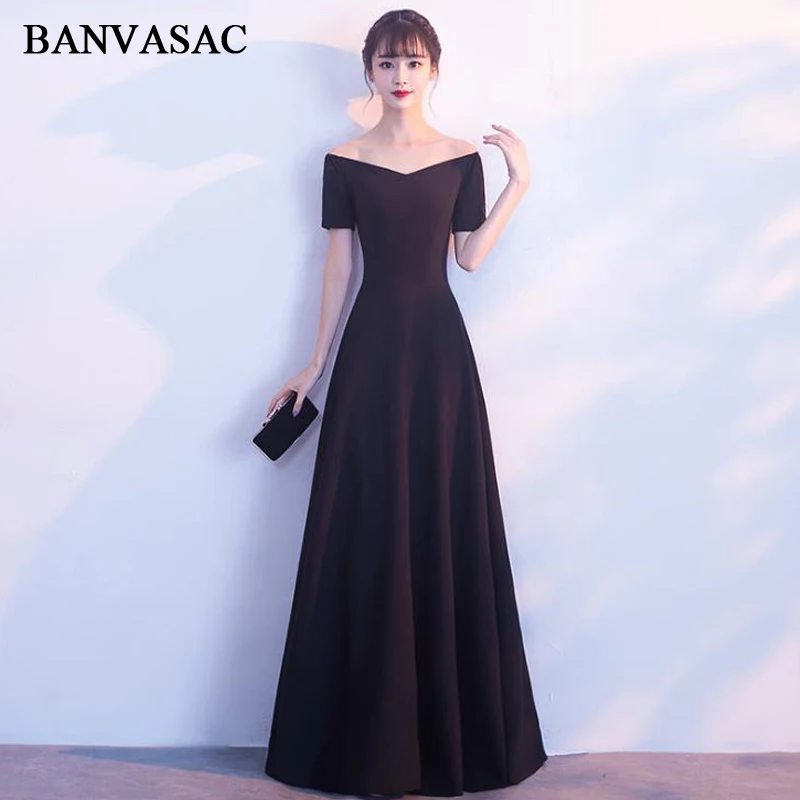 

BANVASAC 2018 V Neck Short Sleeve A Line Long Evening Dresses Elegant Draped Satin Backless Party Prom Gowns
