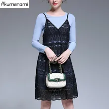 2 Piece Set Blue Long T-shirt Full Sleeve Lace Suspenders Hollow Out Sundress Women Clothes Spring Two Piece Set Plus Size 5XL-L