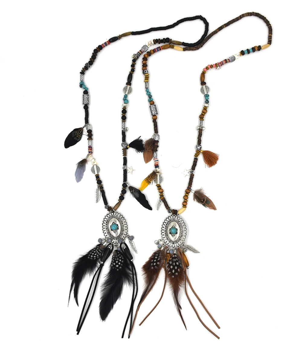 Tibet Gypsy Vintage antique silver pendant Necklace Ethnic tribal collar Black beads necklace feather tassel pendants necklace