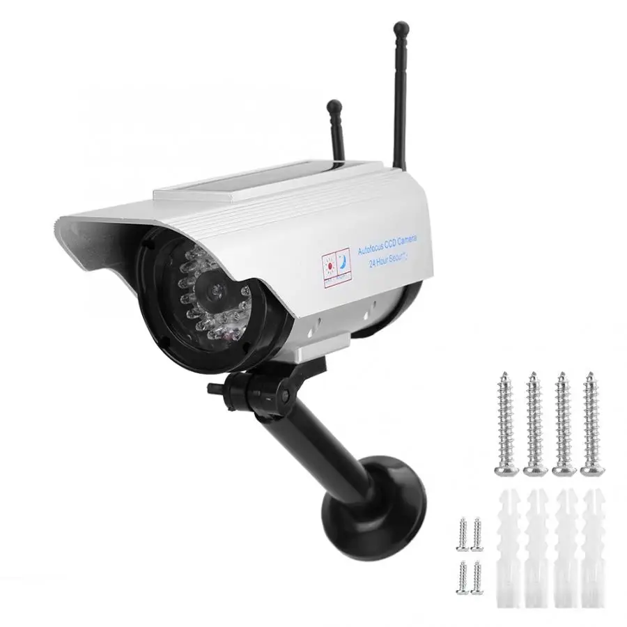 

Outdoor Indoor Solar Power Simulation Waterproof Fake Camera Security LED Flashing Light Silver wireless antenna