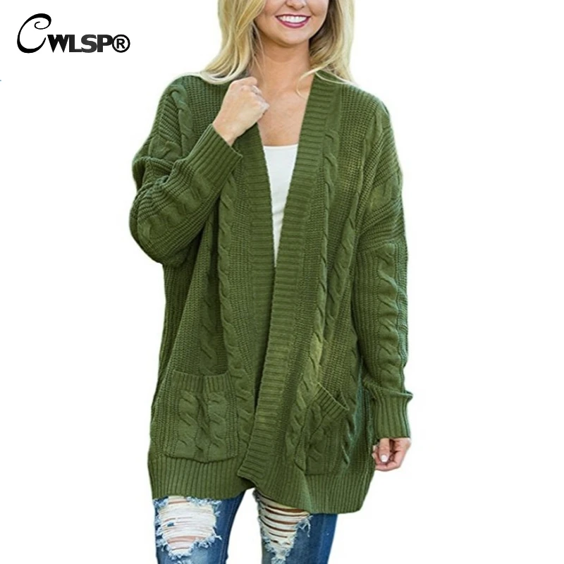 CWLSP 2018 Autumn Winter Long Sleeve Loose Sweater Womens Knitted Cardigan Sweater For Women Top Female Coat Plus Size QZ2964