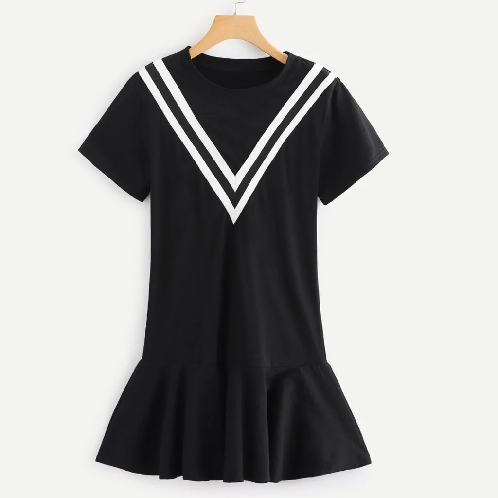 

2019 Summer Sundress Women Beach Dress Black Cute Stripe Lotus Leaf Edge Short Sleeve O-Neck Short Dress L604