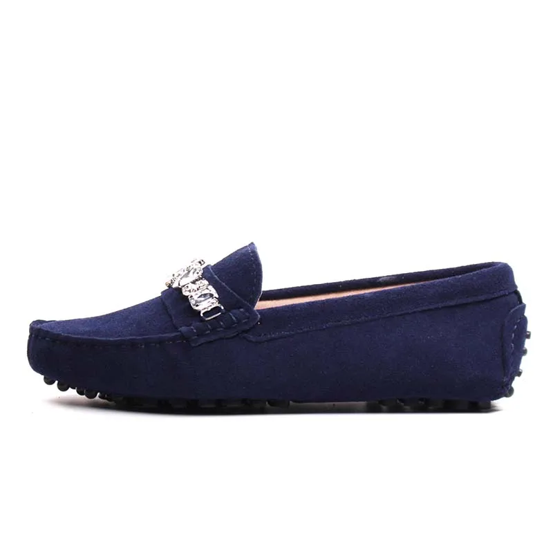 genuine cowhide leather women shoes Female Casual Fashion Flats Spring Autumn driving shoes women leather loafers - Color: Dark Blue