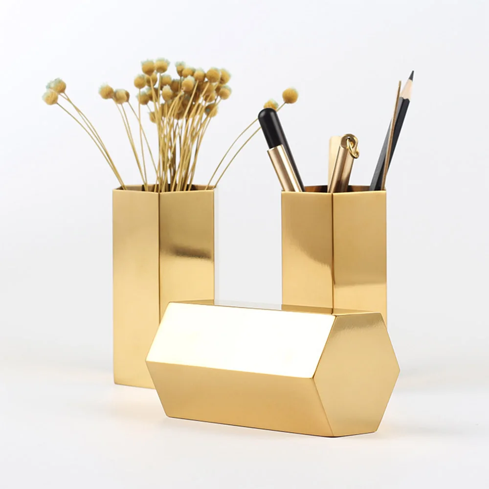 

Golden Hexagon Pen Holder Dry Flower Metal Vase Office Desktop Stationery Organizer Jar Ins Stainless Steel Storage Jar