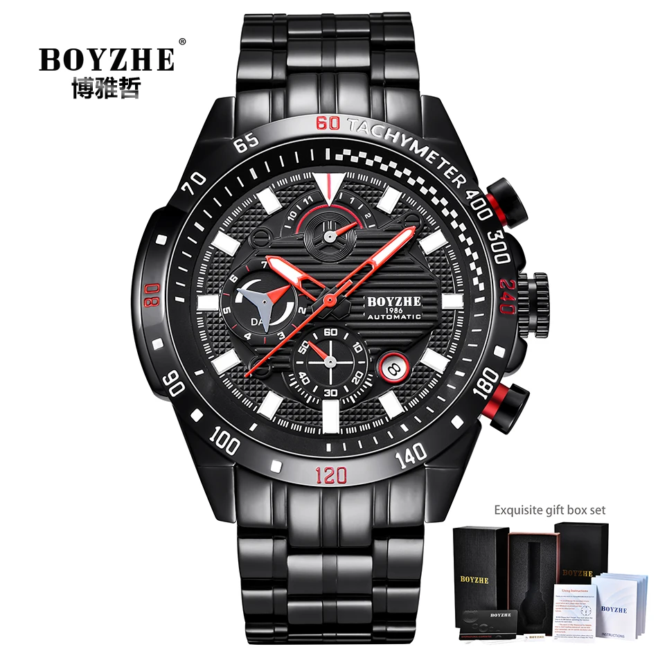 BOYZHE الرياضة التلقائية ووتش الرجال كرونوغراف من الفولاذ المقاوم للصدأ رجالي ساعات آلية تاريخ السيارات الفاخرة العلامة التجارية montre أوم 2019 BOYZHE الرياضة التلقائية ووتش الرجال كرونوغراف من الفولاذ المقاوم للصدأ رجالي ساعات آلية تاريخ السيارات الفاخرة العلامة التجارية montre أوم 2019
