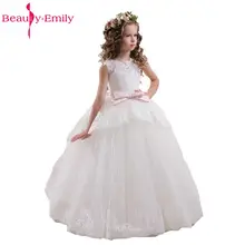 Красивые белые платья Emily для свадебной вечеринки с цветочным узором для девочек; коллекция года; пышные платья с кружевной аппликацией для девочек; кружевные платья с бантом
