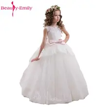 Beauty Emily Wedding Party White Flower Girl Dresses 2018 Lace Appliques Puffy Girls Pageant Gowns Hollow Lace Up Bow Sash cute mermaid girls pageant gowns lace applique sleeveless lace up flower girls dresses for wedding any size
