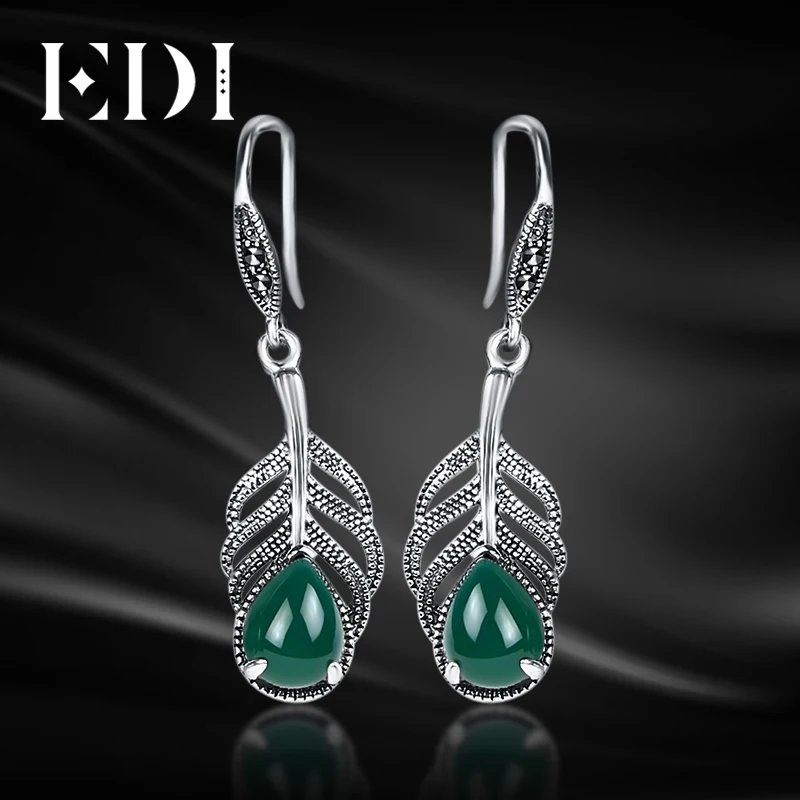 

EDI 925 Sterling Silver Dangle Earrings Vintage Green Agate Chalcedony With Silver 925 Earrings For Women