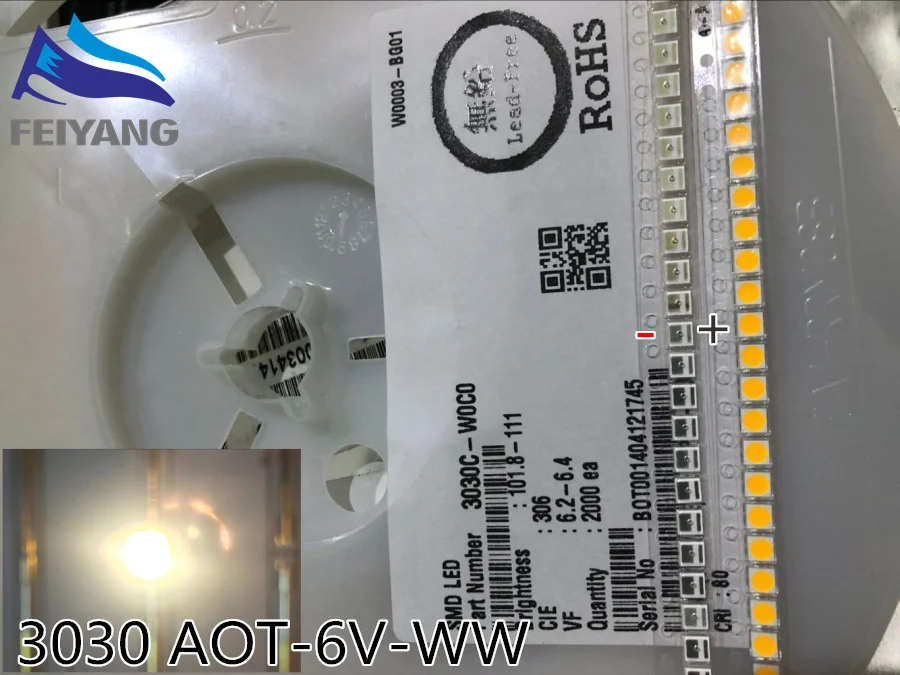 200 шт. АОТ высокое Мощность светодиодный 3030 1 6 W 6V 3000K теплый белый EMC освещение