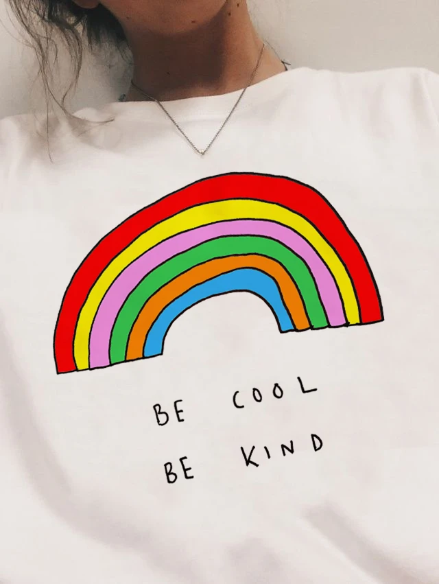 Be Cool Be kind Радужная футболка 90s модная Tumblr гранж Эстетическая Футболка женская графическая белая футболка одежда