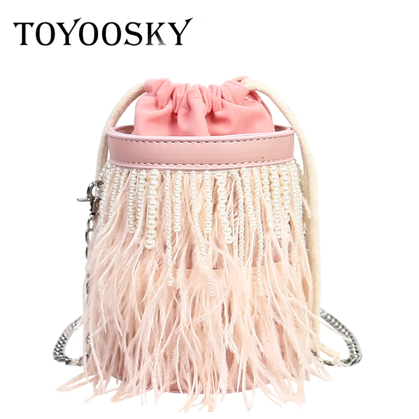 

TOYOOSKY Barrel Shaped Crossbody Bags Women 2018 New Design Pearl Handbags Fashion Feather Bucket Bag Mini Cylindrical Purses
