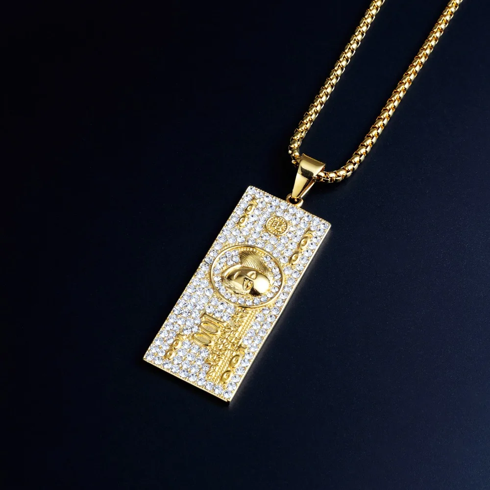 

Full Rhinestone US Banknote Sign Necklaces Men Women Hip Hop Chains Golden Bling Jewelry Dollar Money Square Army Card Pendants