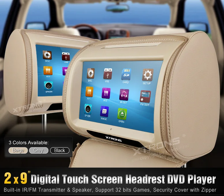 Top 2x9" Beige Color Touch Screen Headrest Car DVD Headrest Car Monitor with FM&IR Transmitter Resolution 800*480 4