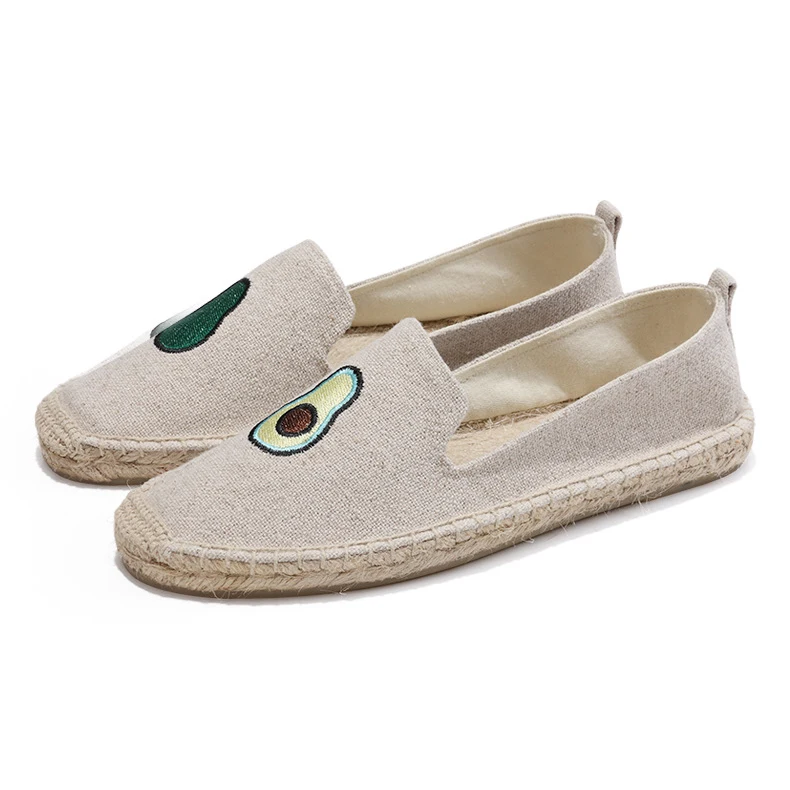 

Embroidery avocado pattern espadrilles, hemp upper slip on espadrilles