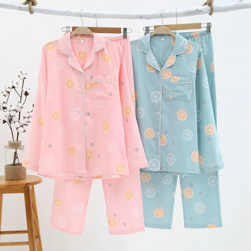 Весенняя тонкая хлопковая двойная газовая пижама с длинными рукавами; пижама с принтом розового лимона; Пижама полной длины; домашняя одежда
