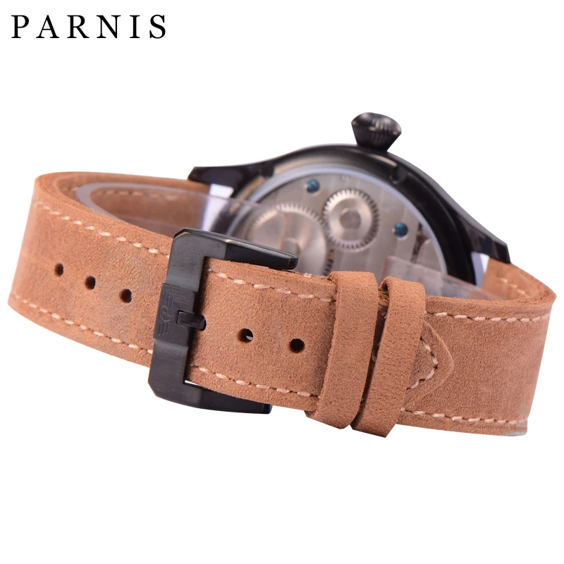 Parnis Mechanical Watch Men Hand Winding Black Case Leather Power Reserve Pilot Military Clock Wrist Watch Relogios Masculinos