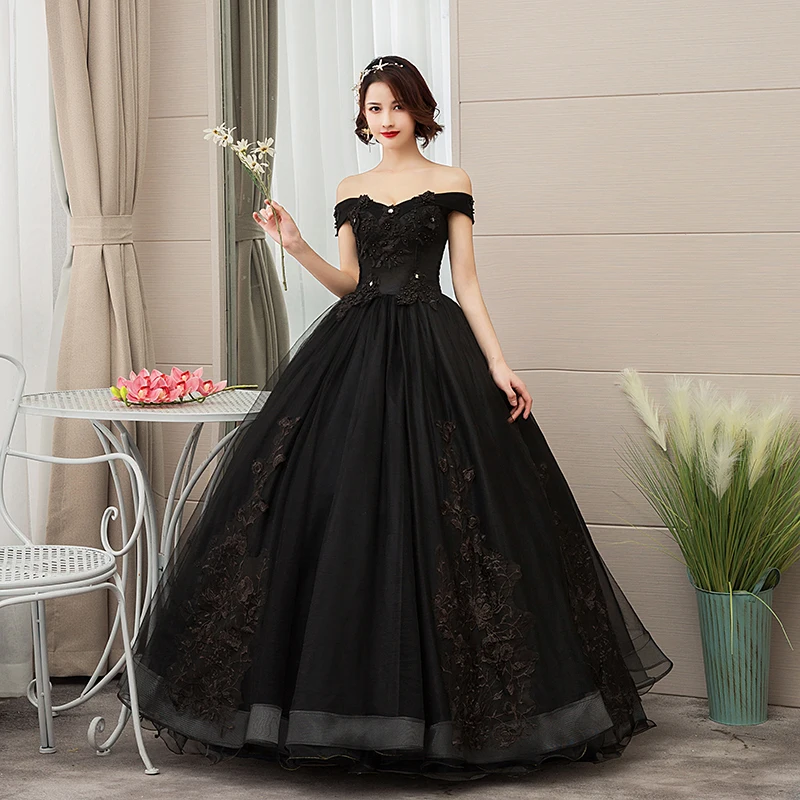 

Do Dower 2019 New Quinceanera Dresses Black Off Shoulder Lace Up Ball Gown Lace Applique Party Prom Quinceanera Dress L