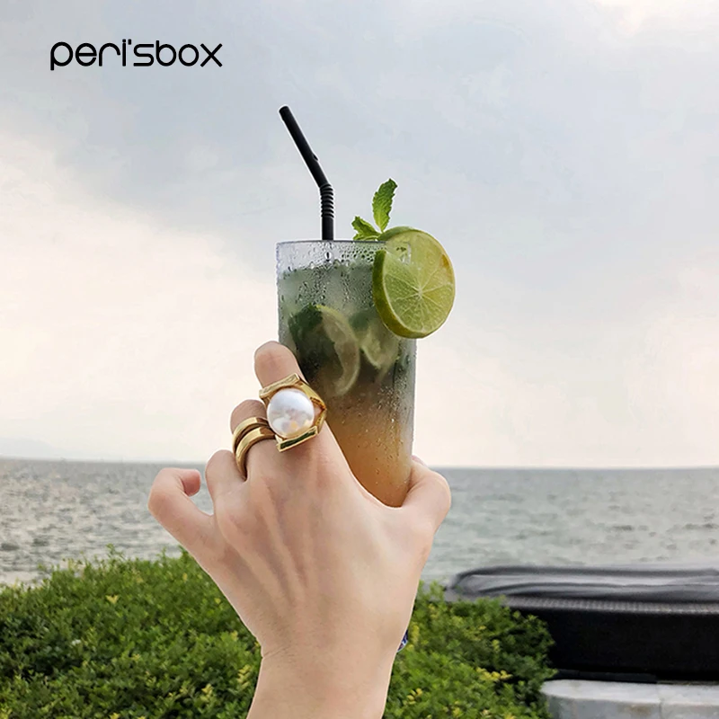 Кольцо Peri'sBox с большим золотым жемчугом для женщин, эффектное кольцо с белым жемчугом, большие вечерние кольца, ювелирные изделия, с фабрики
