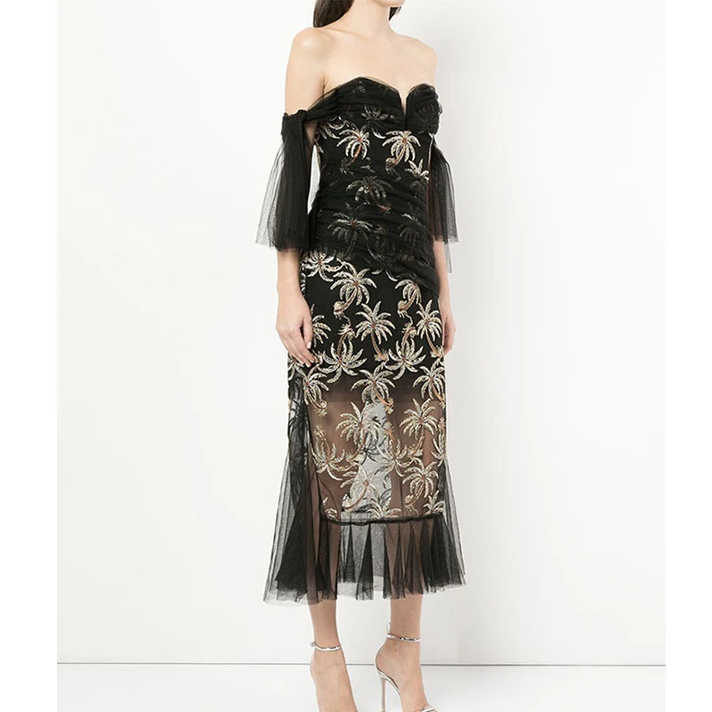 

HIGH QUALITY Newest 2019 Designer Party Dress Women's Strapless Off The Shoulder Gauze Embroidery Dress